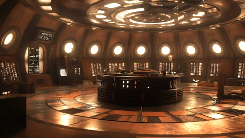 Orbital command hall glows in warm retro-future bronze light.