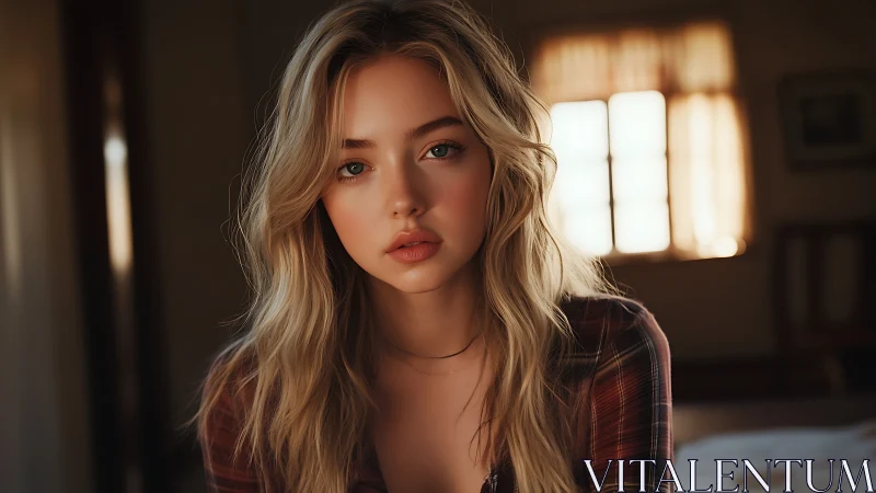 Softly lit portrait of a thoughtful young woman at home.