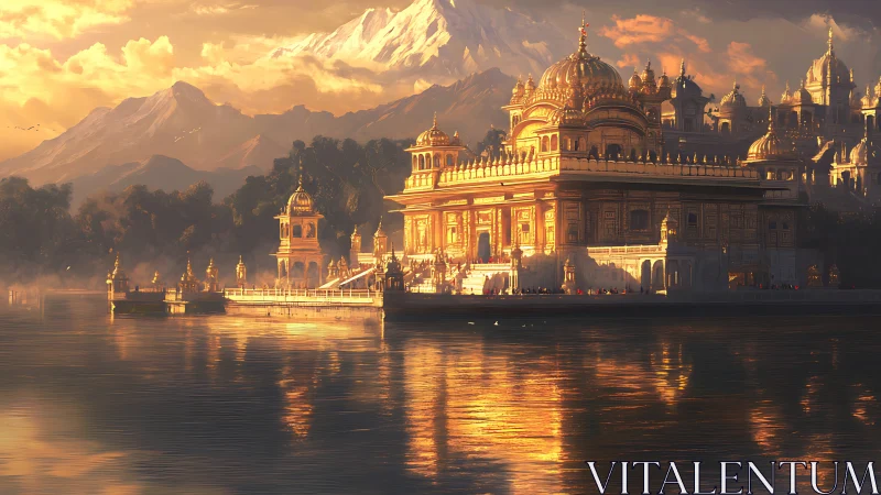 Sunlit golden palace drifting in misty mountain reflections.