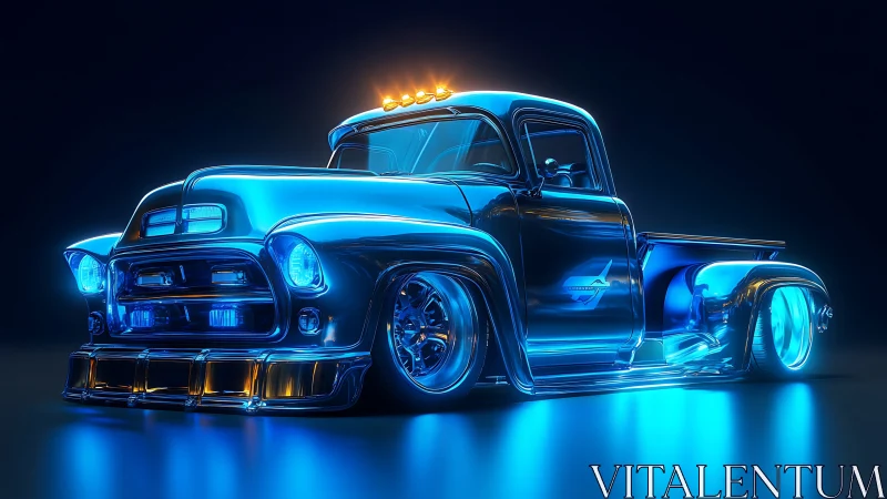 Neon lowrider pickup hums through a chrome drenched dream