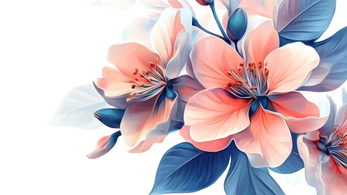 Stylized Floral Illustration with Coral Blossoms and Blue Foliage
