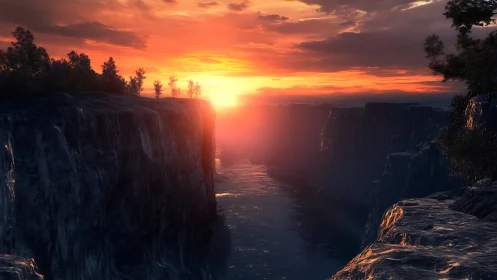 Sunlit canyon river glows beneath a dramatic fiery sunset.
