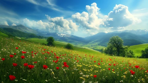 High-saturation alpine valley with wildflower meadow under cumulus sky