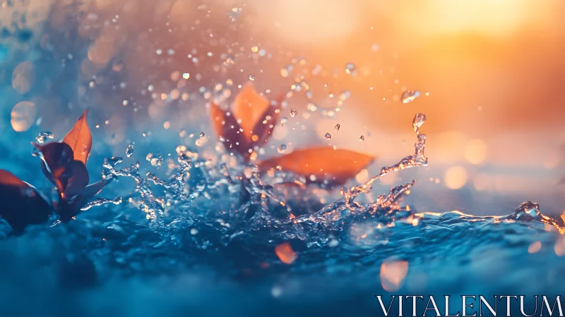Sunlit water splashes dancing around glowing orange leaves.