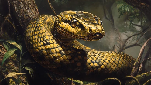 Golden snake coiled on forest floor with detailed scales.