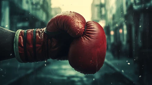 Red Boxing Glove Emerging Through Urban Rain.