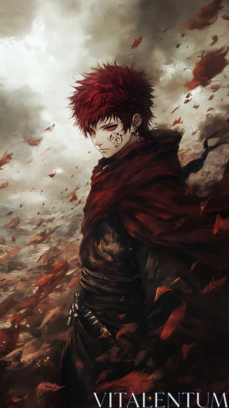 Red haired cloaked figure in storm of swirling leaves.