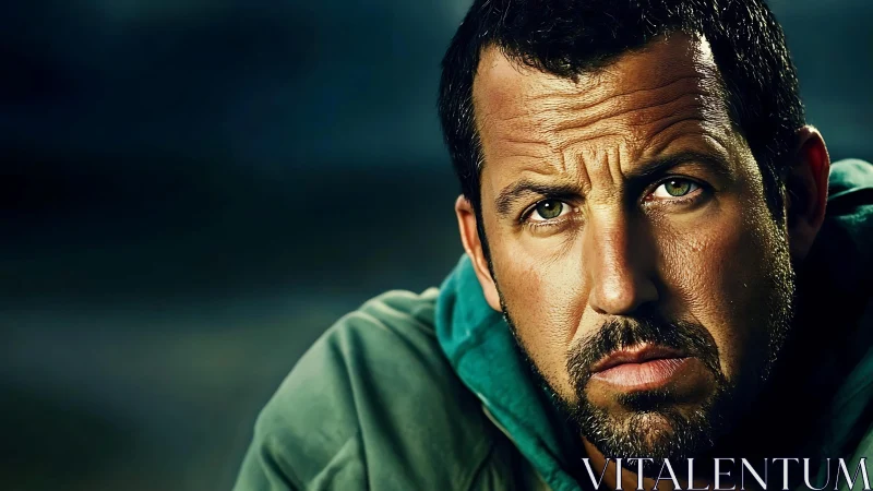 Weathered gaze in teal hoodie, caught in quiet stormlight.