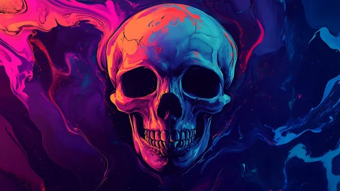 Chromatic skull rendered in high-contrast neon gradients and fluid swirls