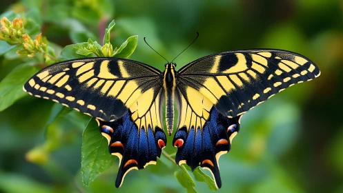 Yellow and black butterfly resting on green foliage.