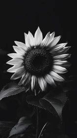 Sunflower head with radiating petals in monochrome.