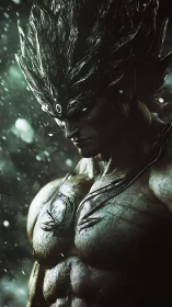 Mythic stone warrior emerges under stormlit snowfall.