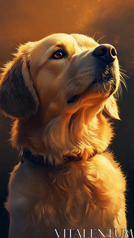 Golden retriever in glowing sunset light gazes upward.