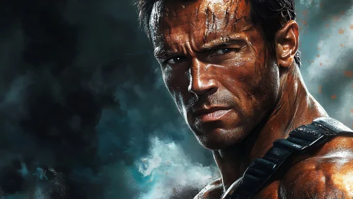 Battle-worn warrior meets the storm with steady resolve.