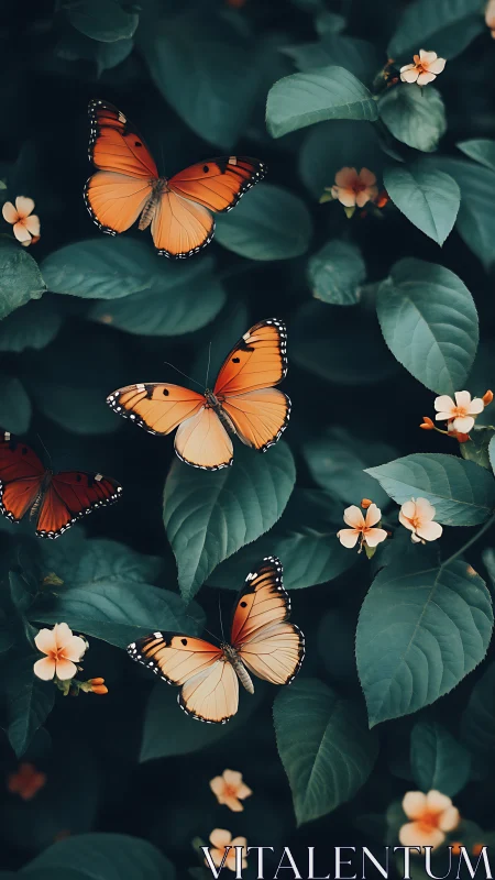 Photorealistic orange butterflies in deep teal foliage study.