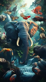 Majestic forest elephant commands a vibrant jungle sky.