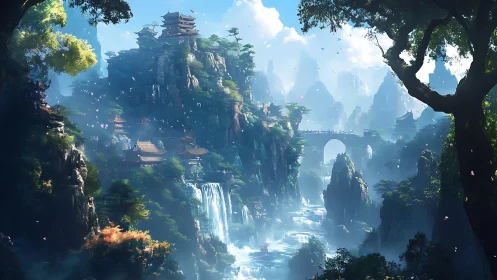 Mountain temple valley with waterfalls and stone bridge.