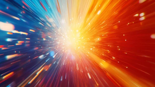 Explosive burst of light with blue and orange rays, digital abstract art.