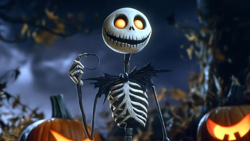 3D skeletal character portrait in cinematic Halloween lighting.