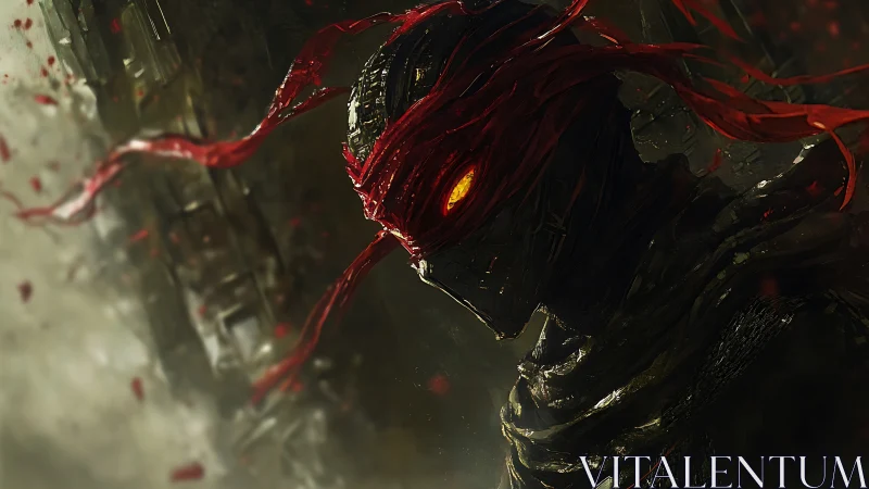 Draped war construct with blazing eye and crimson shards.