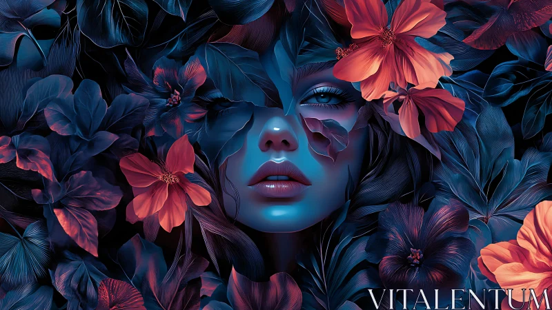 Midnight garden muse framed by glowing crimson blooms.