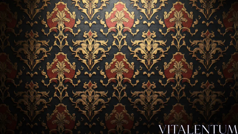 Ornate gold and red damask pattern repeats across fabric
