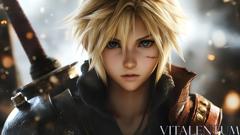 Blond warrior portrait holds massive sword in soft focus