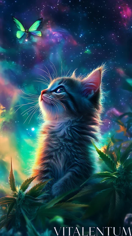 Luminescent Kitten Gazes at Cosmic Butterfly.