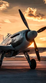 Sunset-lit vintage propeller aircraft on tarmac runway.