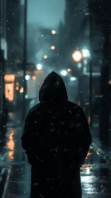 Hooded figure walking alone on rainy neon city street.
