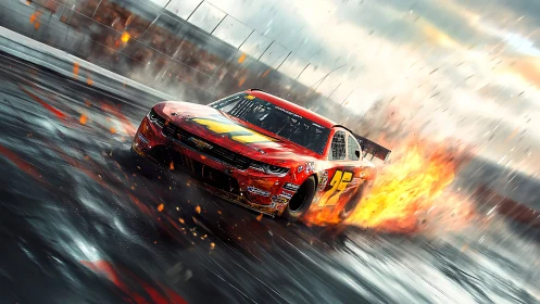 Red race car skids through wet track with trailing flames.