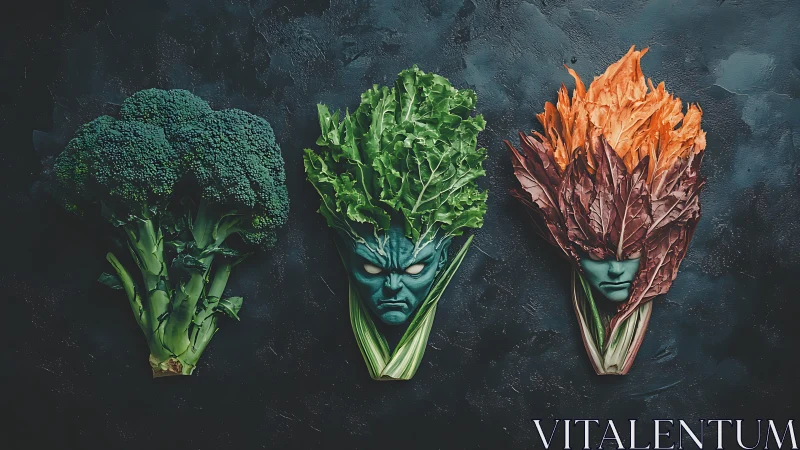 Elemental veggie guardians glare from a dark culinary cosmos.