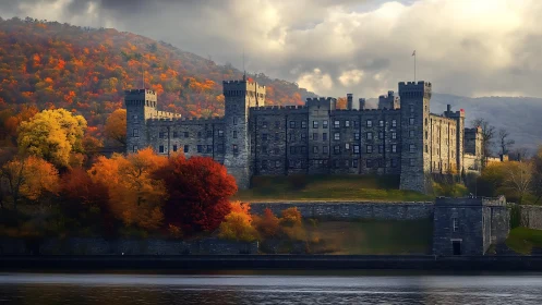 Stone fortress beside river framed by autumn hillside colors.