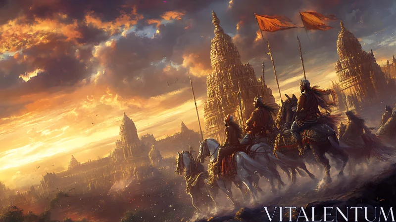 Sunset riders storm a mythic citadel of towering spires.