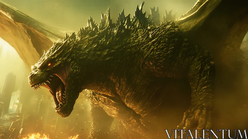 Cinematic dragon kaiju rendered in molten backlit 3D realism.