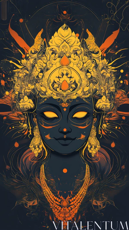 Symmetrical deity portrait shows ornate headpiece and jewelry