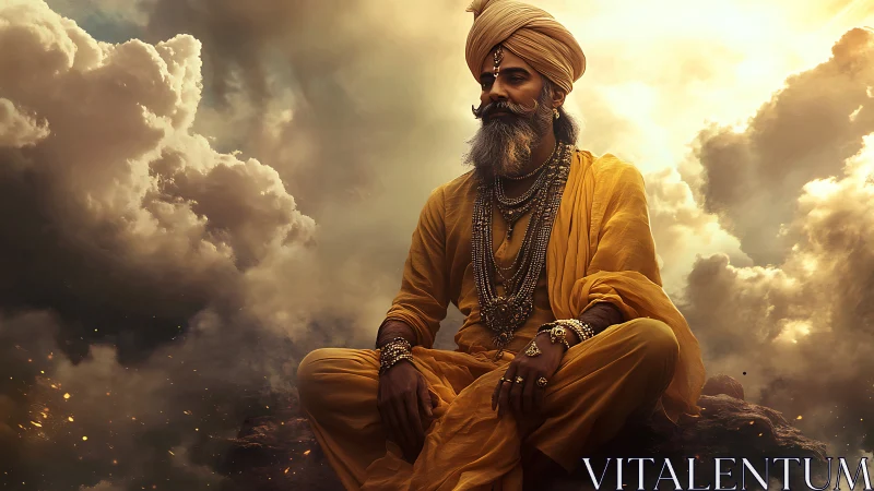 Digital painting of regal sage in golden atmospheric clouds.