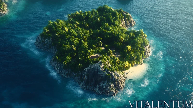 Limestone island with dense tropical vegetation in clear turquoise water.