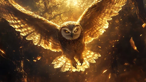 Majestic owl in flight with golden sunlight and dramatic lighting.