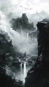 Monochrome fantasy cliffs with tiered waterfalls and misted depth.