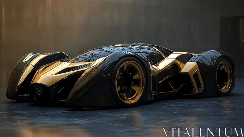 Futuristic gold and black hypercar rendered with cinematic 3D lighting