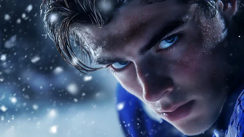 Hyperreal icy portrait of focused male athlete in snowfall