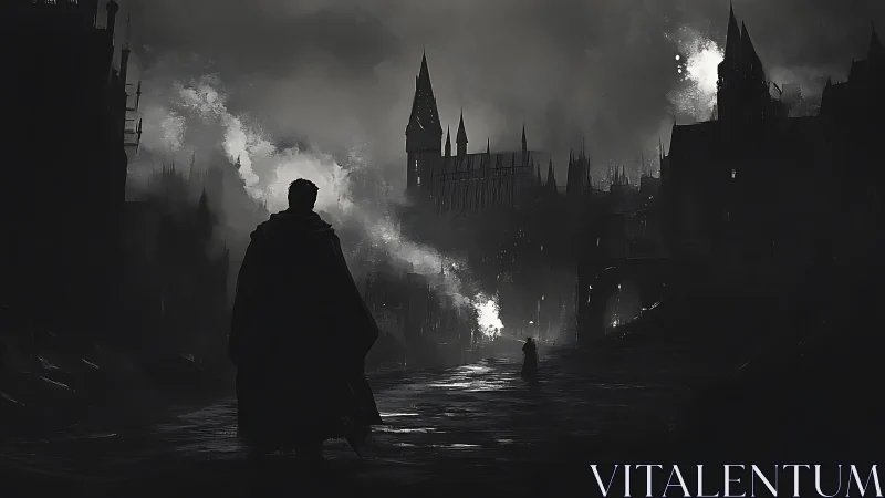 Midnight wanderer crosses a ruin-lit gothic smoke kingdom