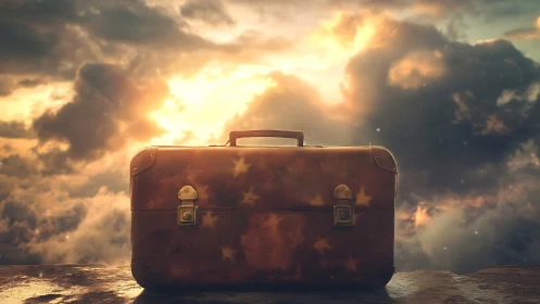 Weathered starry suitcase amid glowing storm clouds.