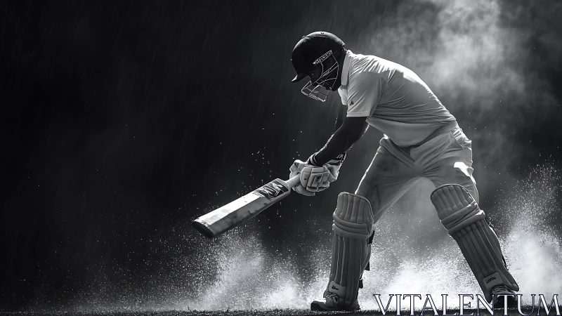 High-contrast monochrome cricket batsman executing grounded drive