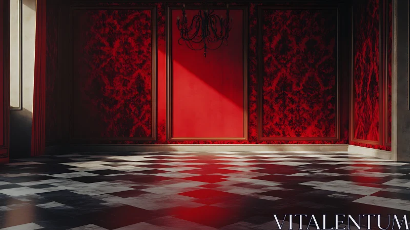 Red baroque interior with angled light cutting across floor