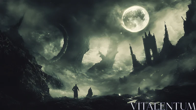Lunar-illuminated Gothic ruins in fog with robed wanderers