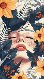 Woman’s closed-eye portrait framed by stylized flowers and leaves