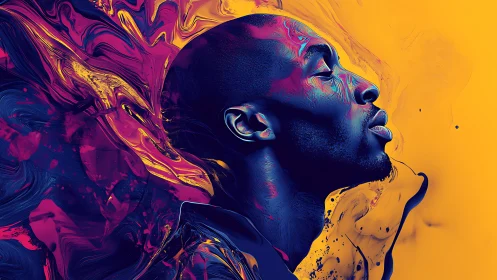 Neon lit profile portrait merges soul and swirling color energy