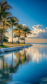 Tropical Waterfront with Palm Trees and Calm Water